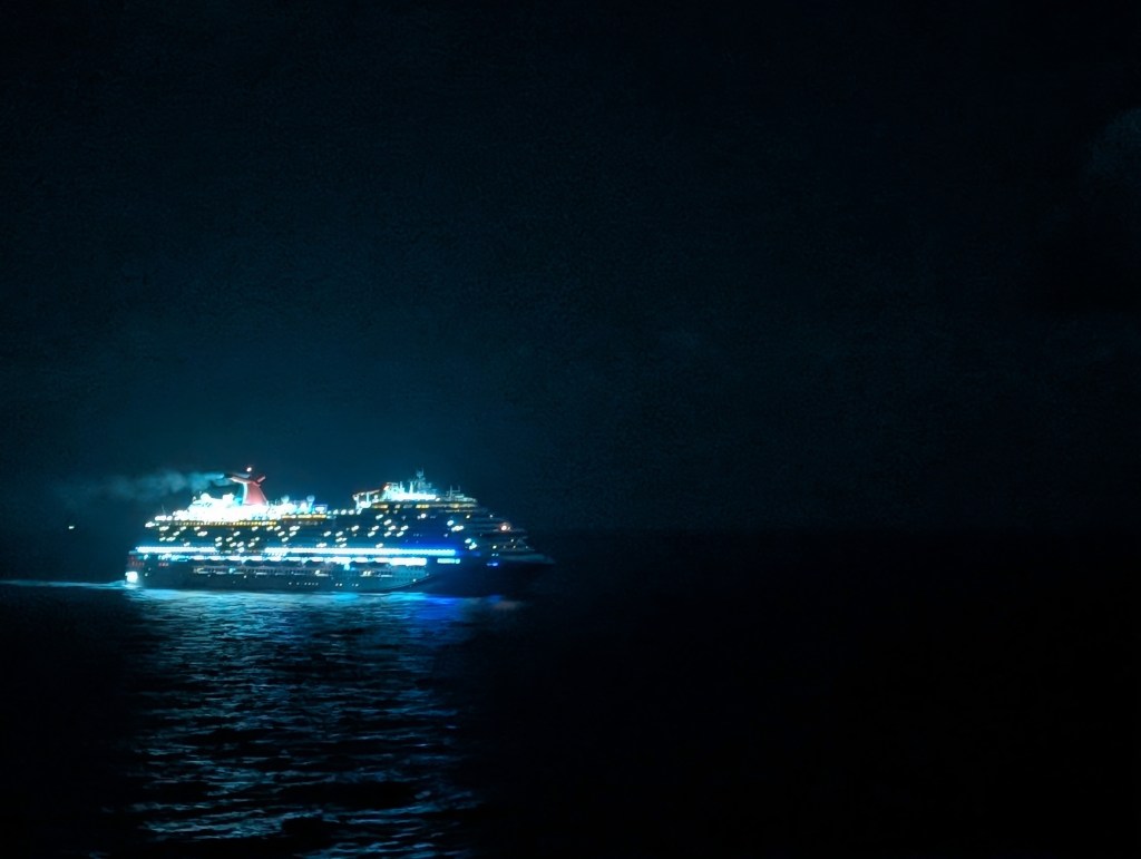 A brightly lit cruise ship sailing on dark waters at night.
